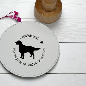 Personalized address stamp round with dog motif - Flat Coated Retriver wooden stamp with name and address