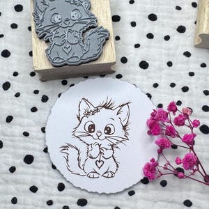 schattige kattenstempel / rubberen stempel met hartje / houten stempel voor kaarten, doe-het-zelf