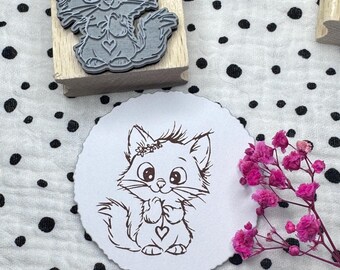 cute cat stamp / rubber stamp with heart kitten / wooden stamp for cards, DYI