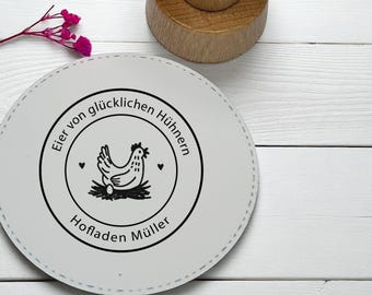 Personalisierter Stempel für Eierkartons - Eier von glücklichen Hühnern - Hühnerhof Stempel mit Wunschtext - Hofladen Branding