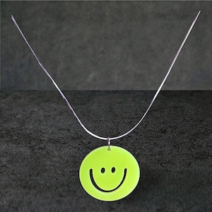 Neon Smiley Plexiglas Pendant Necklace - 925 Sterling Silver Handmade Good Mood Piece