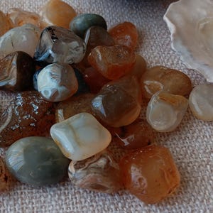 May include: A collection of polished, smooth stones in shades of brown, orange, gray, and white. The stones vary in size and shape, with a glossy finish. Seashells are visible in the background, suggesting a beach or coastal theme.