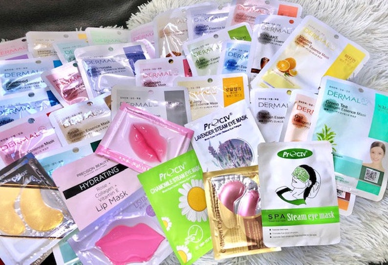 May include: An assortment of eye and lip masks in various colours and designs. The masks are packaged in individual pouches with product names and descriptions. Some of the masks are labelled "Dermal" and "Prociv".