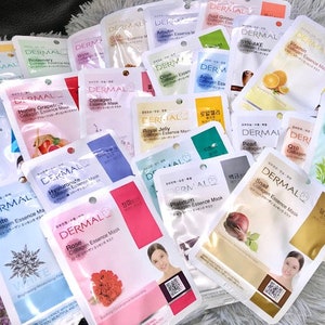 May include: A selection of sheet face masks, each with a different ingredient and benefit. The masks are individually packaged in sachets and feature a range of colours and designs. Some of the ingredients listed include: Seaweed, Honey Grapefruit, Hyaluronate, Rose, Royal Jelly, Platinum, Snail, Green Tea, Vitamin, Syn-AKE, Q10 Collagen, and White Collagen.