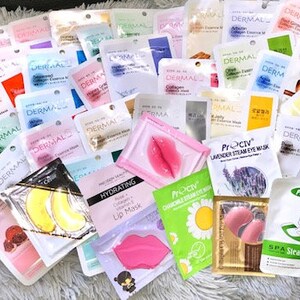 May include: A selection of face and eye masks in a range of colours and designs. The masks are individually packaged in pouches and feature different ingredients and benefits. Some of the masks include 'Dermal' and 'Pro-ctiv' branding.