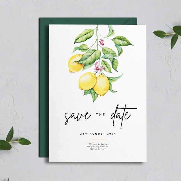 Save the Date Wedding CARD, Lemon Themed Luxury INVITATION, Personalised Italian  Wedding Stationary | CITRUS