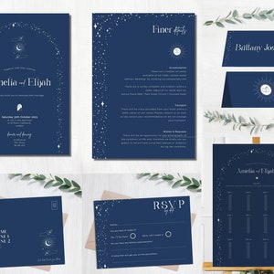 Celestial Wedding Invitation Suite, White Text Starry Night Constellation RSVP Table Plan Name Cards