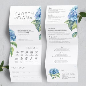 Blaue Hortensie Ziehharmonika Gefaltet Hochzeitseinladungen, Luxus Akkordeon Hochzeit Stationär, Trifold RSVP Set Tear Away | BLUMEN
