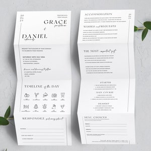 Einfache elegante Ziehharmonika gefaltete Hochzeitseinladungen, Luxuriöse Akkordeon Hochzeit Briefpapier, Trifold Antwortkarten Set Tear Away | MINIMALISTISCH