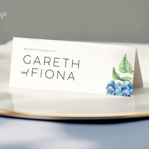 Blue Hydrangea Place Name Cards, Simple Minimalist Folded Names, Elegant Modern Card image 2