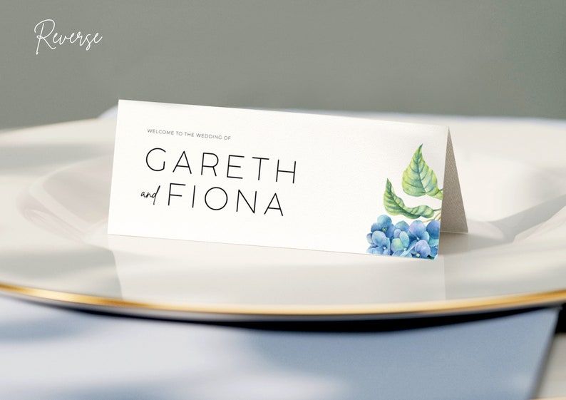 Blue Hydrangea Place Name Cards, Simple Minimalist Folded Names, Elegant Modern Card image 2