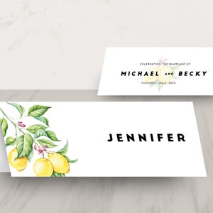 Tarjetas de nombre de lugar de cítricos de limón, signos de invitados italianos simples, nombres de boda mediterráneos plegados impresos / CITRUS