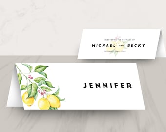 Lemon Citrus Place Name Cards, Simple Italian Guest Signs, Printed Folded Mediterranean Wedding Names | CITRUS