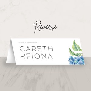 Blue Hydrangea Place Name Cards, Simple Minimalist Folded Names, Elegant Modern Card image 4