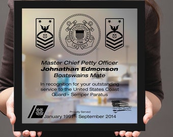 USCG Appreciation Plaque. Laser Engraved Framed Mirror. Personalized - USCG Retirement Gift - Military Service. Veteran. S4 LaserArt
