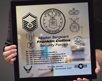 USAF Service Record Plaque.  Personalized Laser Engraved USAF Retirement Plaque Military Retirement plaque Going Away Plaque