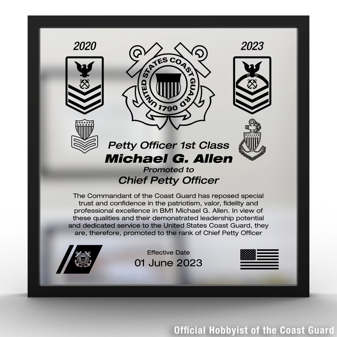 Coast Guard Advancement Plaque Laser Engraved Customized Plaque for