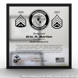 US Marines Promotion Plaque. A Military Gift for Military Retirement, Promotion, or a Custom Plaque for USMC Going Away.