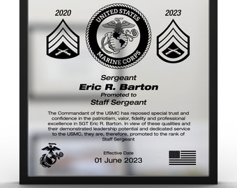 US Marines Promotion Plaque. A Military Gift for Military Retirement, Promotion, or a Custom Plaque for USMC Going Away.