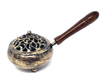 Golden Finish Iron Charcoal Burner with Lid & wood Handle 9"