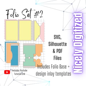 Peut inclure: Un design numérique pour un ensemble de folio, intitulé "Folio Set #2". Le design comprend une base et des gabarits d'incrustation. Le design est disponible aux formats SVG, Silhouette et PDF. L'image comprend un lien vers un tutoriel YouTube.