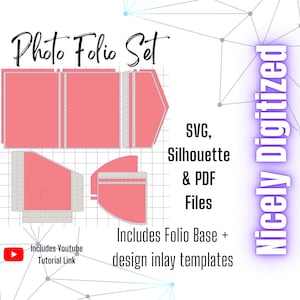 May include: Digital photo folio set design templates in SVG, Silhouette, and PDF files. Includes folio base and design inlay templates. The image features a layout of the folio set with the text "Photo Folio Set" and "Nicely Digitized".