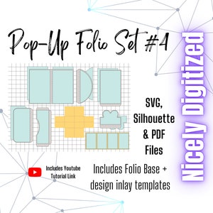 Pode incluir: Um download digital de um conjunto de fólios pop-up, com um esquema de cores azul e amarelo, inclui arquivos SVG, Silhouette e PDF. A imagem mostra uma grade com várias formas e linhas, representando os elementos de design do conjunto de fólios. O texto "Pop-Up Folio Set #4" está no topo da imagem, e "Nicely Digitized" está do lado direito da imagem.