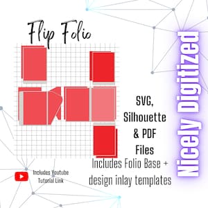 Op de afbeelding: Een digitaal ontwerp voor een flipfolio, weergegeven in rood op een rasterachtergrond. Het ontwerp omvat SVG-, Silhouette- en PDF-bestanden. De tekst "Includes Folio Base + design inlay templates" is ook in de afbeelding opgenomen.