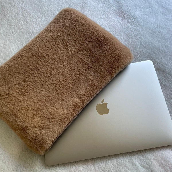 Latte Fluffy Laptop Sleeve,Plush Macbook Case,Notebook Cover,Tablet IPad Device Protection Case,Carrying Bag,Faux Fur Sleeve,Flat Pouch