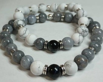 His and Her's couples bracelet. Gray jade, white Howlite, Hematite, gray Tiger Eye Father's Day