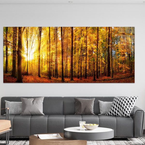 Tempered Glass Wall Art, Abstract Wall Art, Mega Size Wall Glass Art,Panoramic Wall Art, Autumn scenery, sun shining through the leaves