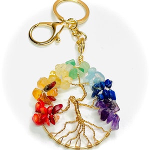 Chakra Tree of Life Crystal  Keychain/Key Ring. Real Natural Stones.