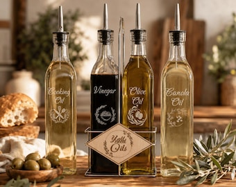 Juego de aceitera y vinagrera de vidrio grabado, decoración de cocina rústica, dispensador personalizado