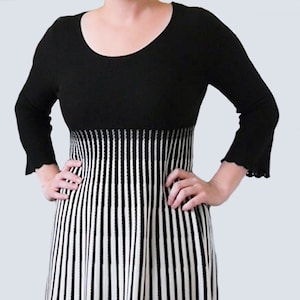 Calvin Klein Retro Mod 60&#39;s-Inspired Soft Knit Black & White Striped Dress with Bell Sleeves, Size Medium