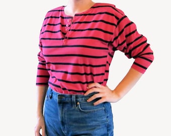 Vintage 80's Casual Pink and Black Striped Knit Henley Top with Subtle Shoulder Pads, Size Small/Medium