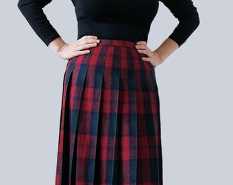 Vintage 90s Pendleton Pleated Plaid A-Line Midi Skirt, Red, Green, Navy, 100% Wool, Size 8/10/M, Holiday/Christmas Outfit, Robertson Tartan