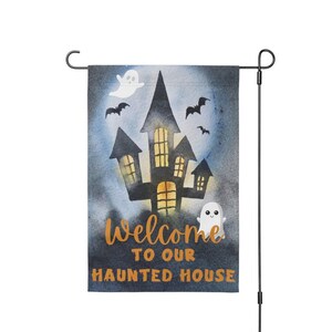 Welcome to Our Haunted House Garden Flag, Cute Ghost & Bat Halloween Decor, Double Sided Yard Sign, Spooky October Outdoor Flag, Full Moon
