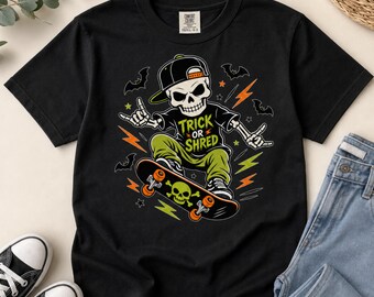 Trick or Shred Halloween Shirt for Kids, Youth Comfort Colors Shirt, Skeleton Skateboard Tee, Boys Halloween Shirt, Skater Halloween Tee