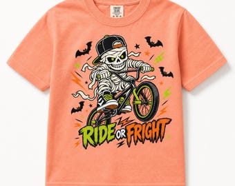 Camiseta infantil "Ride or Fright" para Halloween, camiseta de esqueleto BMX, camiseta de Halloween para niños, camiseta juvenil Comfort Colors, camiseta de bicicleta espeluznante