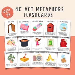 40 Acceptatie Commitment Therapie Metafoorkaarten, ACT-flashcards, ACT psychologische flexibiliteit, cognitieve herstructurering, rusthoek