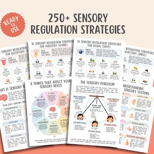 May include: A collection of educational charts titled 250+ Sensory Regulation Strategies, featuring diagrams, text, and icons explaining sensory systems, the sensory pendulum, and factors affecting needs, presented on multiple white paper sheets.