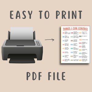 May include: Printable PDF file of a list titled "Things I Can Control" with a colorful design. The list includes a variety of positive affirmations and actions to help manage stress and anxiety.