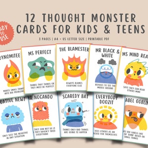 12 Gedankenmonster, Erinnerungskarte für Kinder, Teenager, Denkfallen für Kinder, Psychiatrie-Beratung, Kommunikationshilfe, Kognitive Dysfunktion, PDF