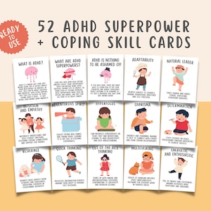 52 karty umiejętności ADHD Superpower i radzenia sobie, Funkcjonowanie wykonawcze, Społeczno-emocjonalne uczenie się, Nastawienie na rozwój, SEL, Terapia dla dzieci, GAD