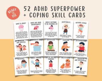 52 ADHD Superpower Strength & Coping Skill Cards, Executive Functioning, Social Emotional Learning, Growth Mindset, SEL, Kids Therapy, GAD