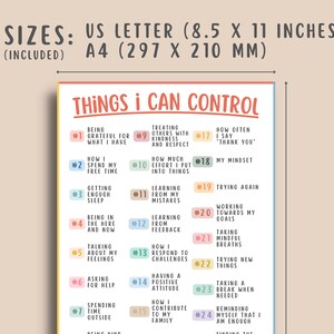 May include: A printable poster with a light pink background and colorful boxes. The poster lists 24 things you can control in your life, such as being grateful, treating others with kindness, and taking mindful breaths. The poster is titled "Things I Can Control".