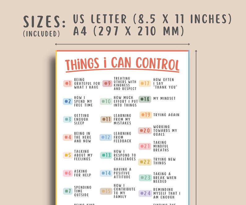 May include: A printable poster with a light pink background and colorful boxes. The poster lists 24 things you can control in your life, such as being grateful, treating others with kindness, and taking mindful breaths. The poster is titled "Things I Can Control".