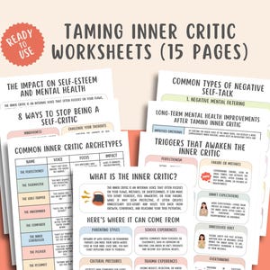Pode incluir: Um conjunto de folhas de trabalho imprimíveis para domar seu crítico interno. As folhas de trabalho são coloridas e apresentam ilustrações. O título das folhas de trabalho é "Domar o crítico interno Folhas de trabalho (15 páginas)".