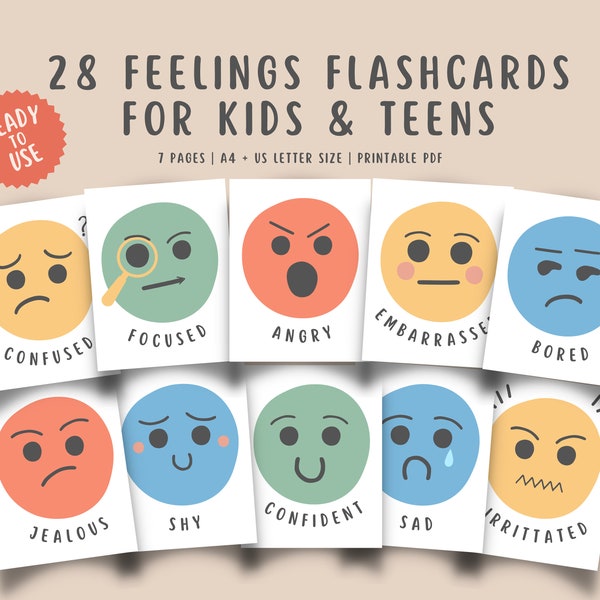 28 Feelings Flashcards for Kids Teens, Emotions Cards Nursery Educational Prints, Montessori Homeschool Therapy, Calming Corner Printable