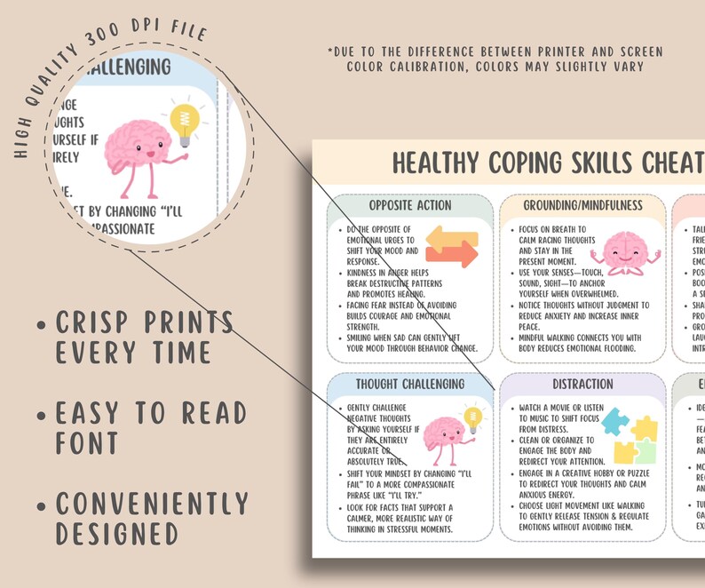 Healthy Coping Skills Cheat Sheet, Calm Down Corner Print, Anxiety Tool ...
